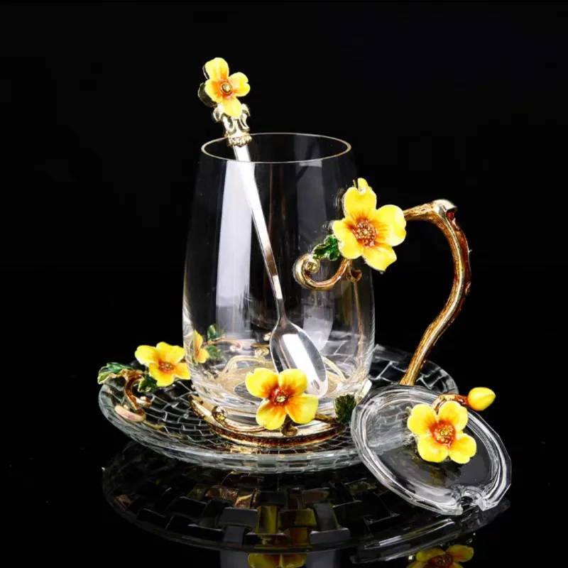 Taza de cristal esmaltado para café, flor, té, juego de tazas de cristal con cuchara para el hogar, regalo de boda perfecto para el verano