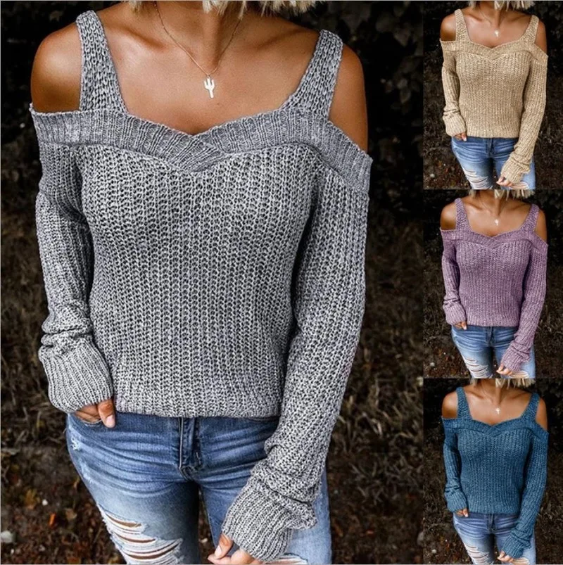 

Autumn and Winter Sexy Sling Strapless Solid Full Sleeve Bare Shoulders Pullovers Knitted Casual Sweater Winter Clothes Women