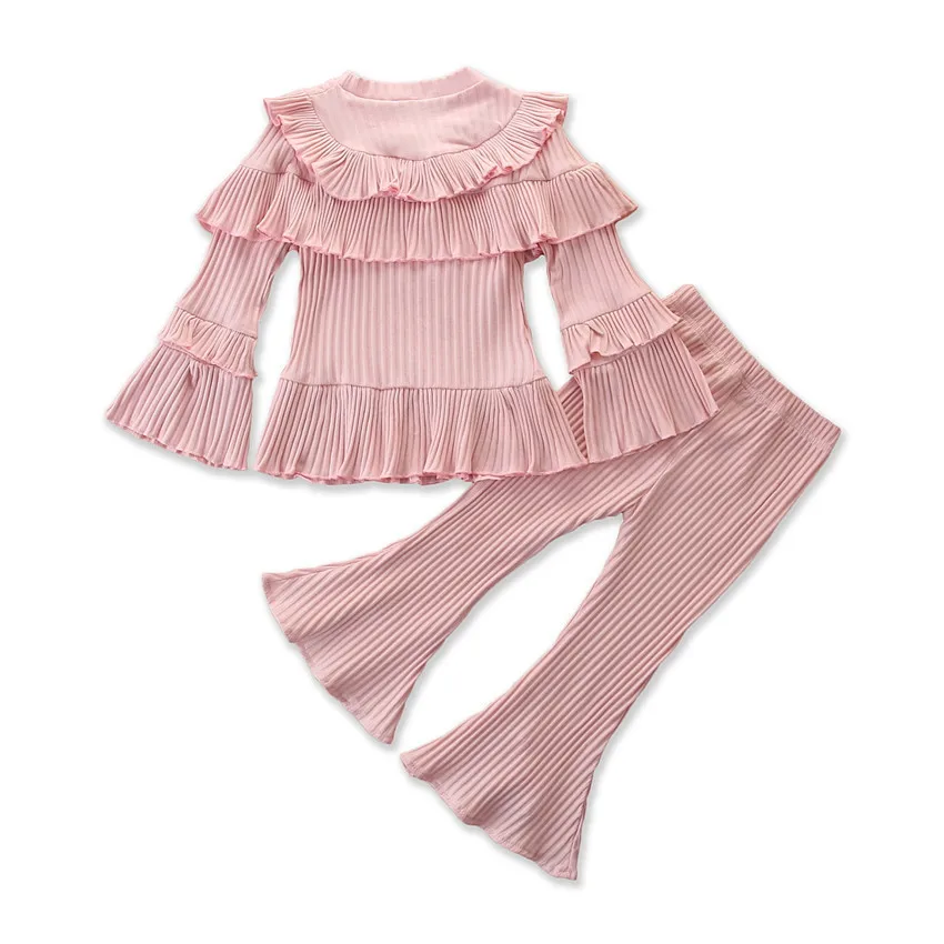 

Wholesale Fashion Boutique Children Clothing Cheap Price Two Piece Set for Baby Girls Casual Kids Clothes with Bell Bottom Pants