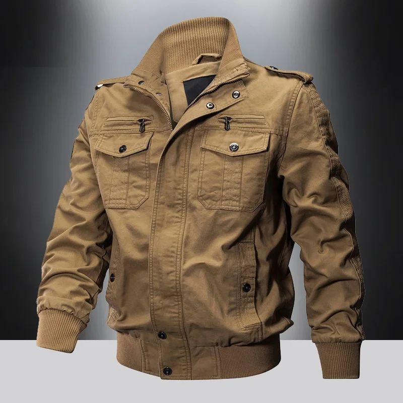 

Thin Men's Stand-up Collar Bomber Jacket Plus Size Casual Loose Multi-pocket Top Coat