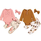 Боди с длинным рукавом, штанишки с цветами, повязка на голову, комплект одежды из 3 предметов для девочек, весна-осень