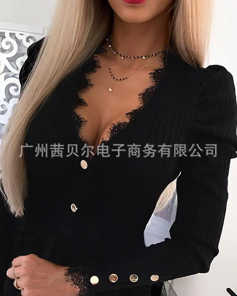 

WEPBEL New Lace Mesh Long-Sleeved Dress Women High Waist V Neck Sexy Fashion Mini Dress Black