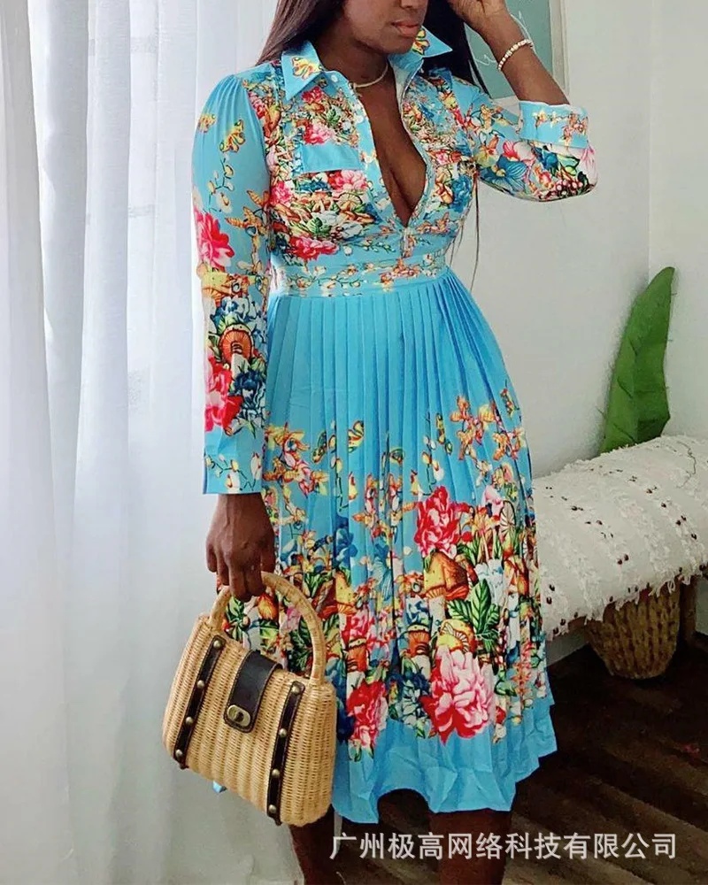 

2021 new summer women's printed pleated waist dress