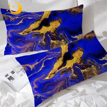 BlessLiving Liquid Marble Pillow Case Golden Blue Quicksand Pillow Cover Set of 2 Abstract Texture Pillowcase For Adult Bedding 1