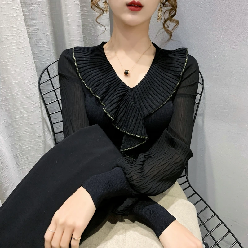 

Room 198242, 7 in row 3 】 make lotus leaf collar stitching knit chiffon sleeves head 63