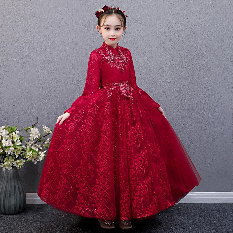 

Flower Girl Dress Illusion Appliques Sequined High Beading Embroidery Princess Floor-Length Tulle Lace Full Kids Party Gown H255