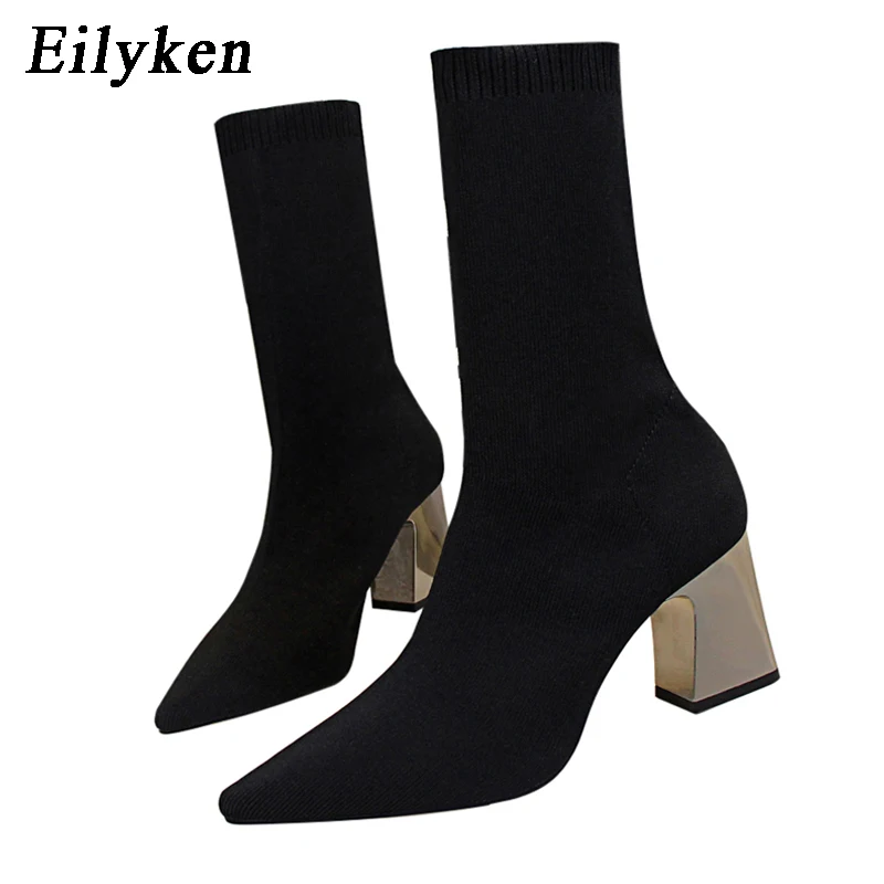 Eilyken/модные женские сапоги; Высокий каблук; сексуальный носок; вязаные сапоги; зимние сапоги на квадратном каблуке; женские сапоги с острым носком