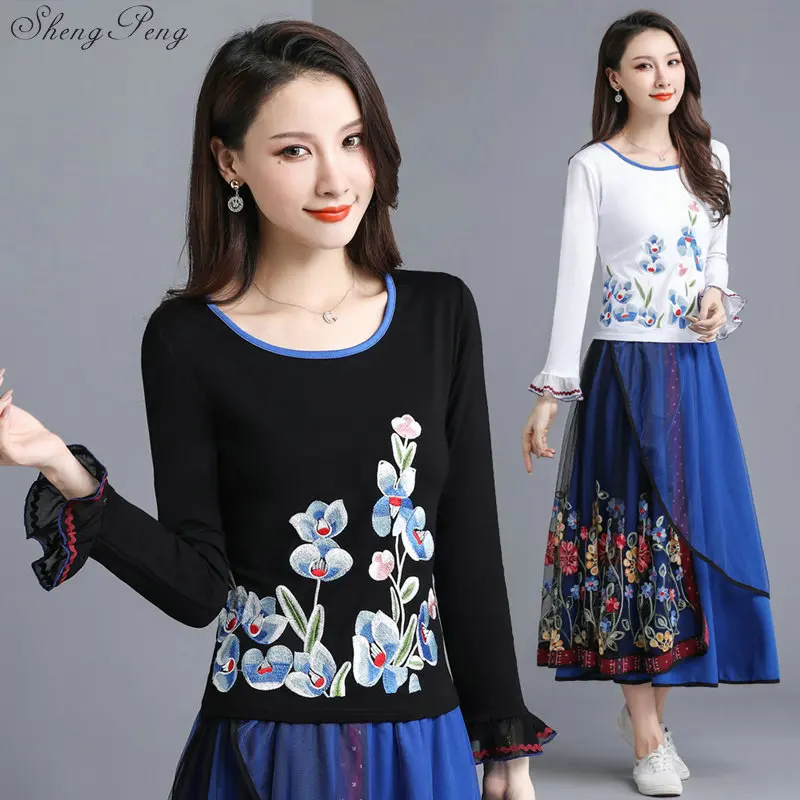 Весна Осень женская футболка Вышивка 2019 Blusas длинный рукав 5XL плюс Размер