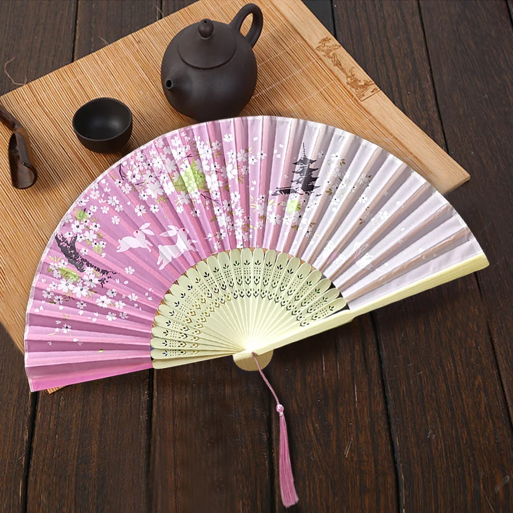 

2Pcs Women Party Silk Chinese Style Gift With Tassel Home Decoration Props Small Folding Fan Student Handheld Dance Performance