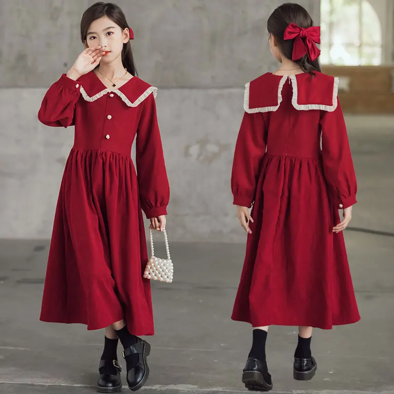 

2021 autumn new girls children's clothing corduroy cotton dress wine red lady long skirt parent-child A-line skirt
