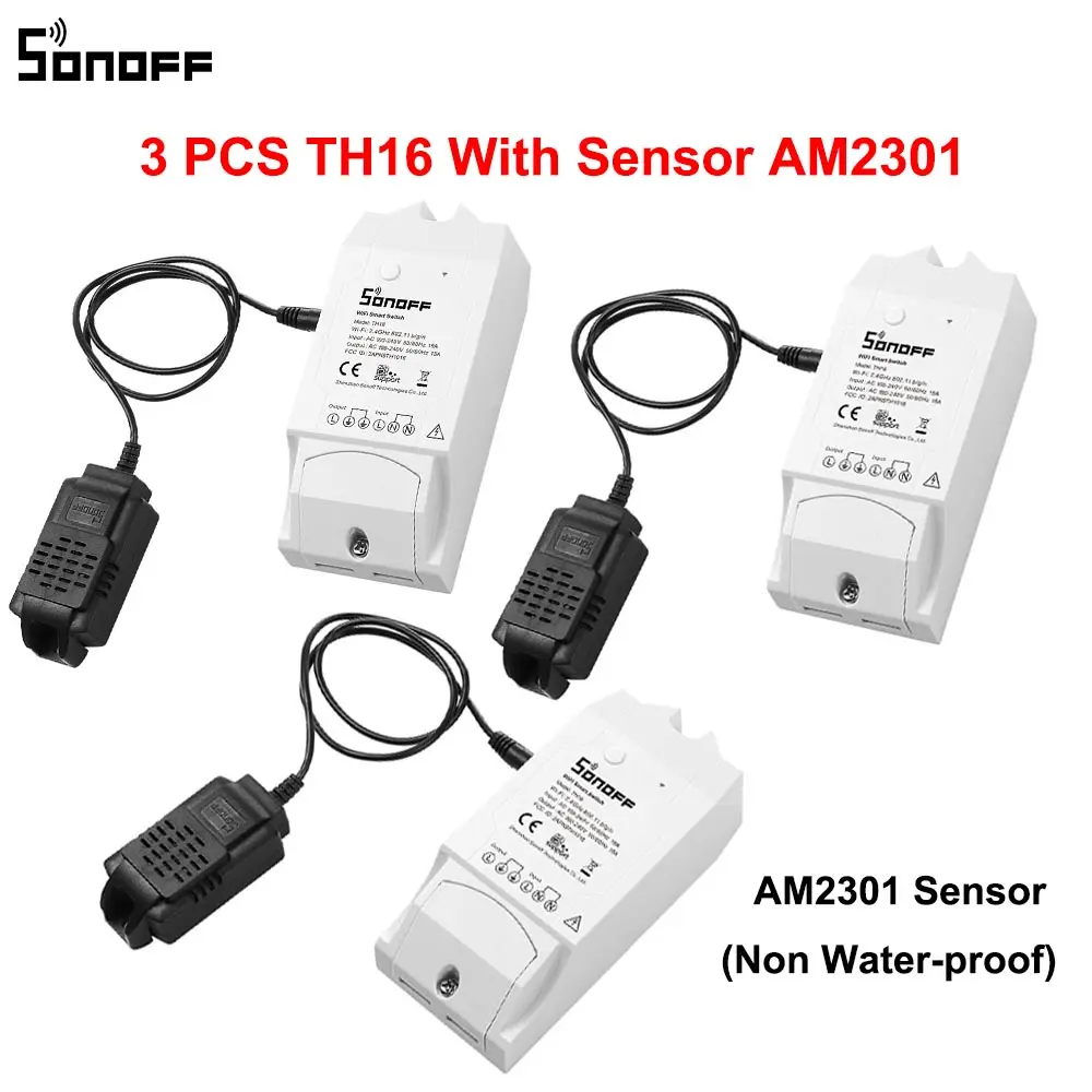 3 шт. SONOFF TH16 Wifi умный переключатель, мониторинг температуры и влажности DS18B20/AM2301/Si7021/AL560 для умного дома - Комплект: 3PCSTH16 AM2301