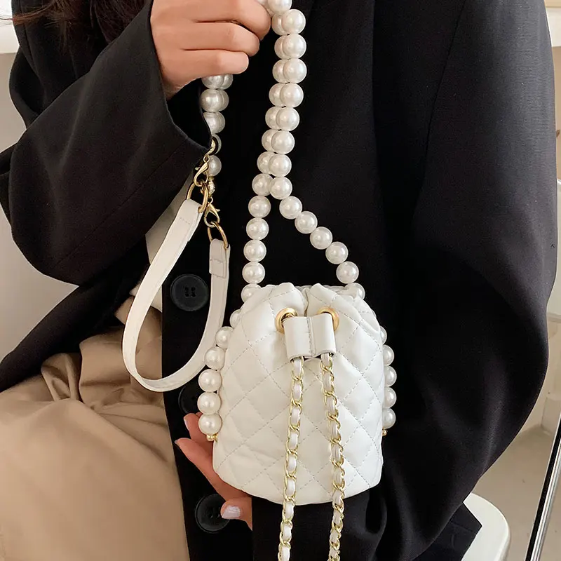 

Lattice Mini Bucket bag 2021 Summer New High-quality PU Leather Women's Designer Handbag Pearl strap Shoulder Messenger Bag