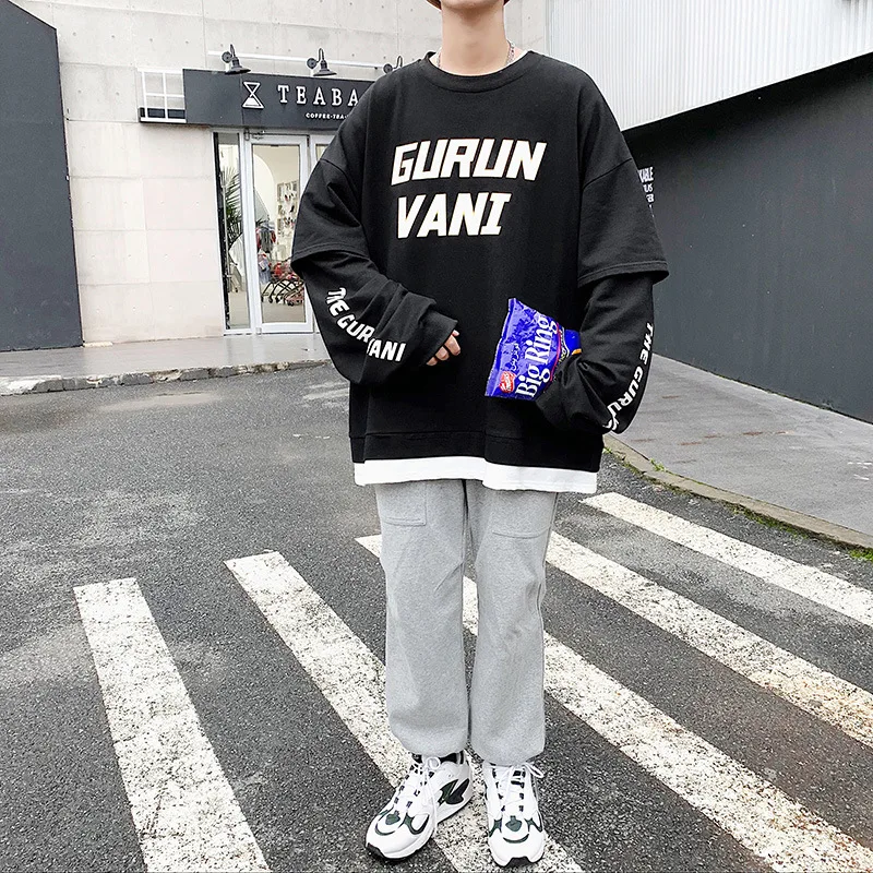 

Autumn Korean version men's leisure loose set head hoodie male popular logo round collar false two long sleeves jacket