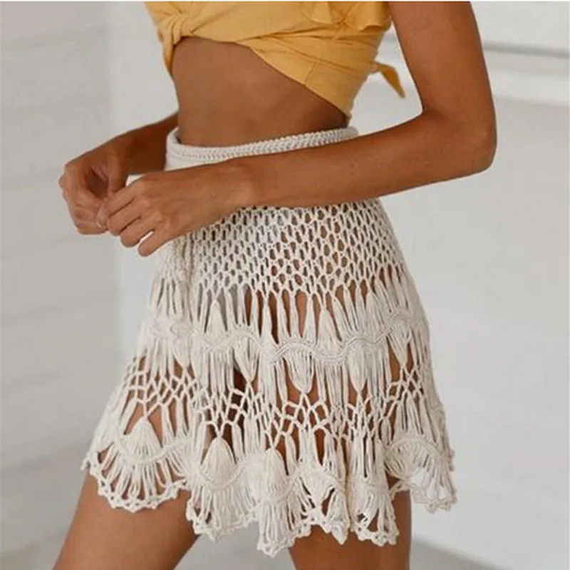 2020 летние женские закрытые юбки Хлопковые вязаные мини-юбки ручной работы