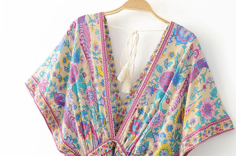 Женское винтажное богемное Платье макси с павлиньим цветочным принтом рукавом