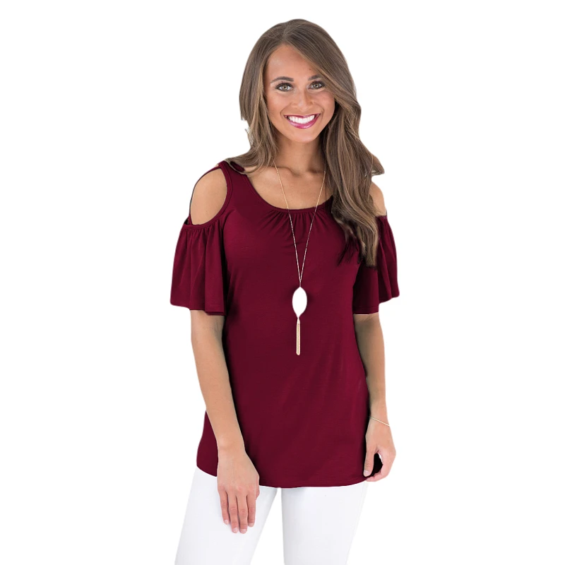 Женская футболка с открытыми плечами воротником в форме колокольчика