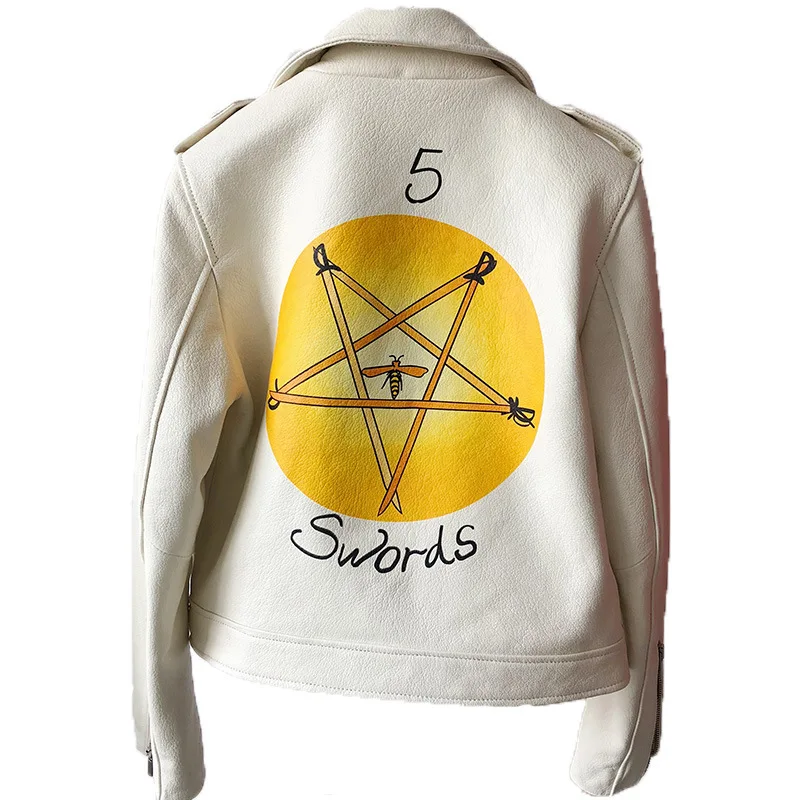 

New Style Genuine Leather Clothes Women's Short Style New Zealand Sheepskin Motorcycle Suit Tarot Printed Jacket