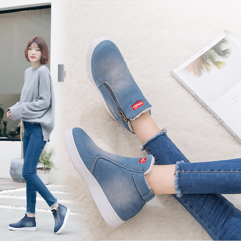 

New Winter Snow Boots Thick Women's Shoes Denim Korean Cotton Shoes Large Size Flat Shoes