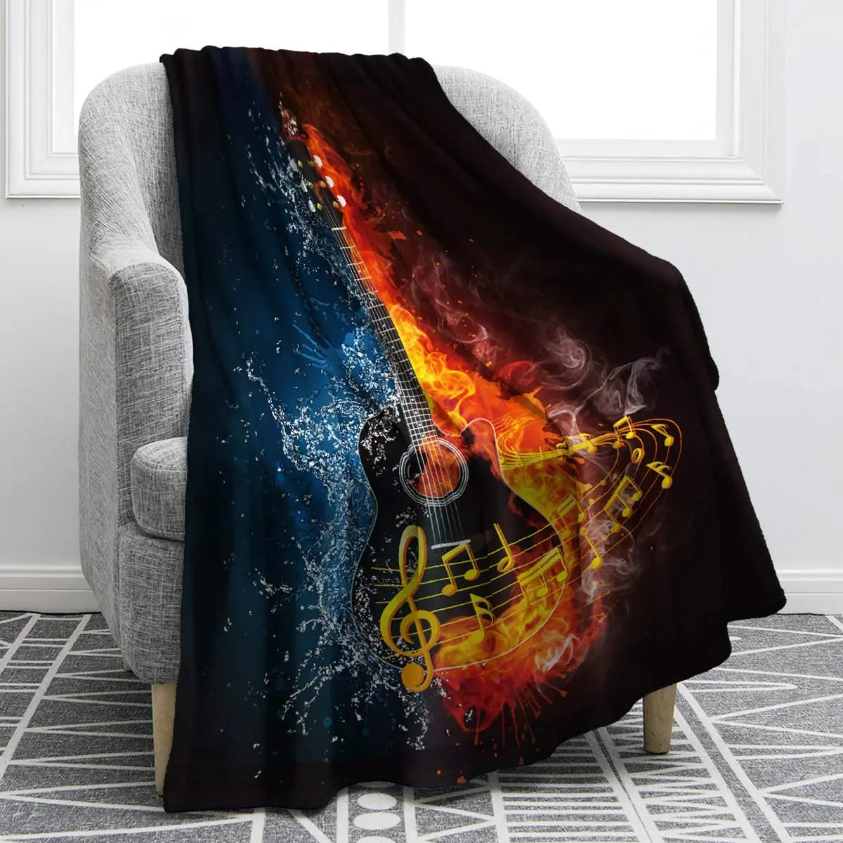 

Guitar Fire Water Blanket Print Comfort Soft Warm Throw Blanket for Kids Adults Gift