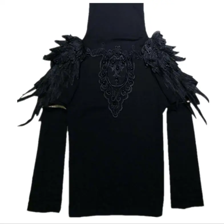 Женская Черная футболка с длинным рукавом и V образным вырезом|Футболки| |