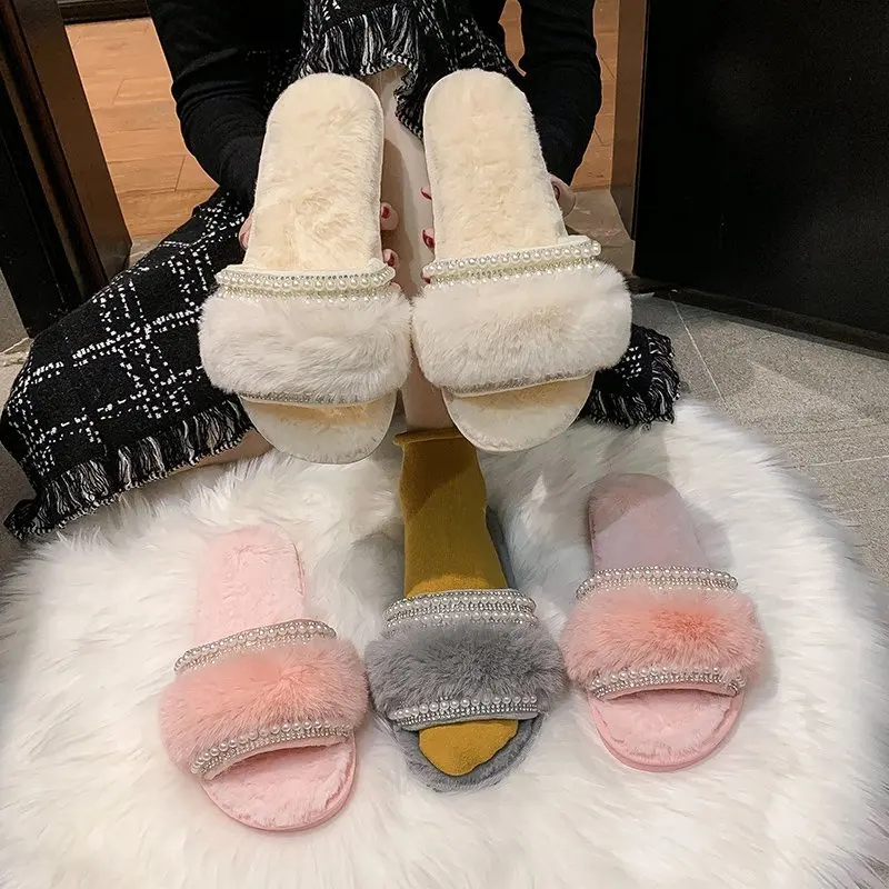 

Ladies' Home Fluffy Slippers Fluffy Cotton Slippers Beaded Casual Flat-bottomed Soft-soled Women's Slippers Can Be Worn Outside