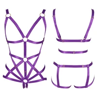 sexy purple lingerie gothic body strappy top chest bodysuit garter suspender crotchless panties bandage harness bra club dance