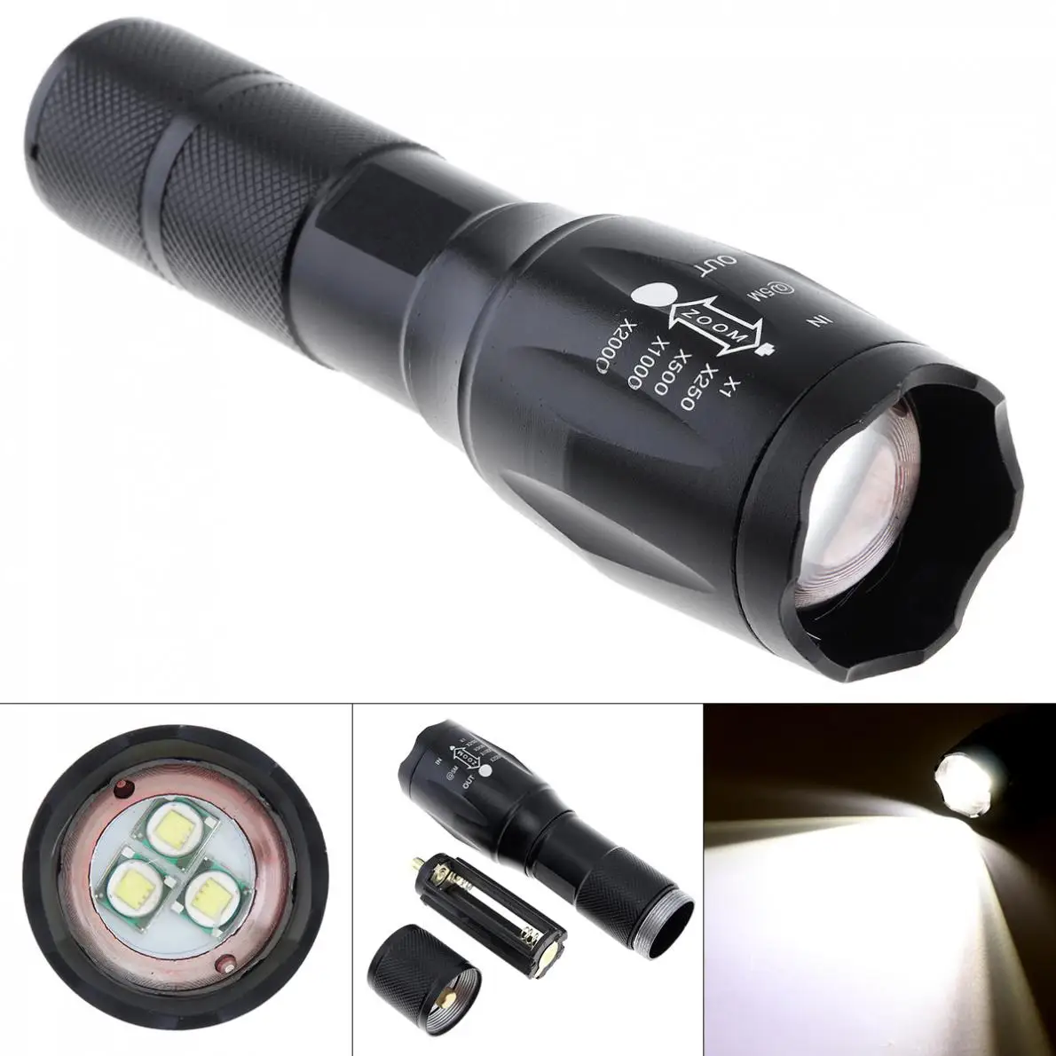 

3 XML-T6 LED 3000LM 5 Modes Lights Telescopic Zoom Mini Black Strong Flashlight with 300M Range Support One 18650 Battery