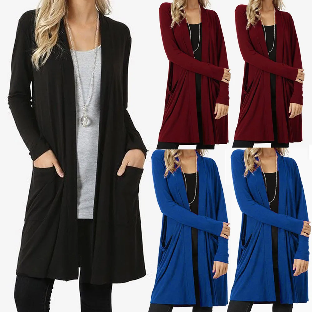 Женский кардиган с открытой передней частью свитер длинным рукавом и карманами