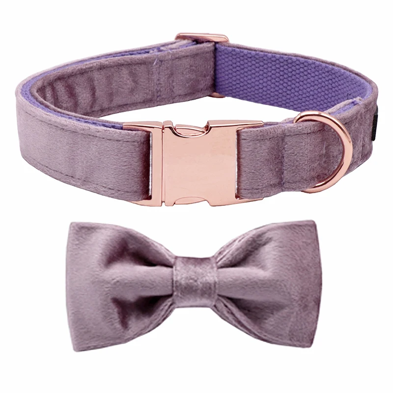 

Unique Style Paws Light Purple Velvet Soft Collar with Bow tie and Leash Gift for Dogs and Cats