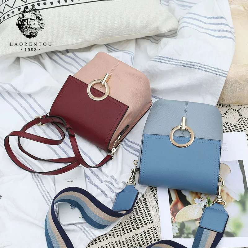 LAORENTOU/Сумка ведро из натуральной кожи с разноцветным плечевым ремнем для женщин