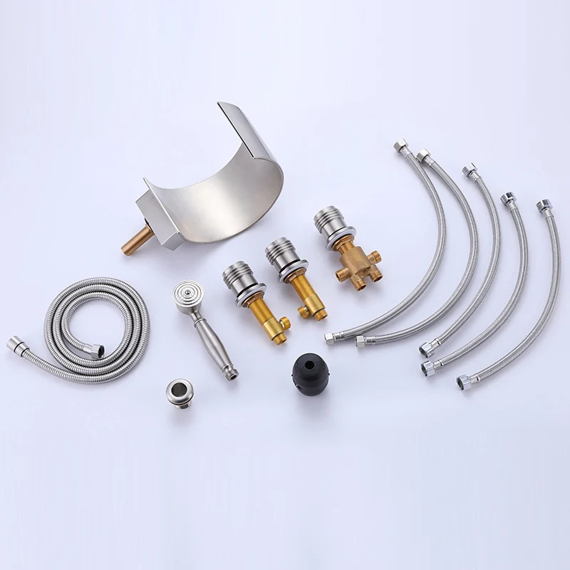 

BANGPU Bathroom Waterfall Faucet With Hand Shower Set 5 Hole Tub Filler Desk Mount Bathtub Faucet Jacuzzi Faucet Brushed Nickel