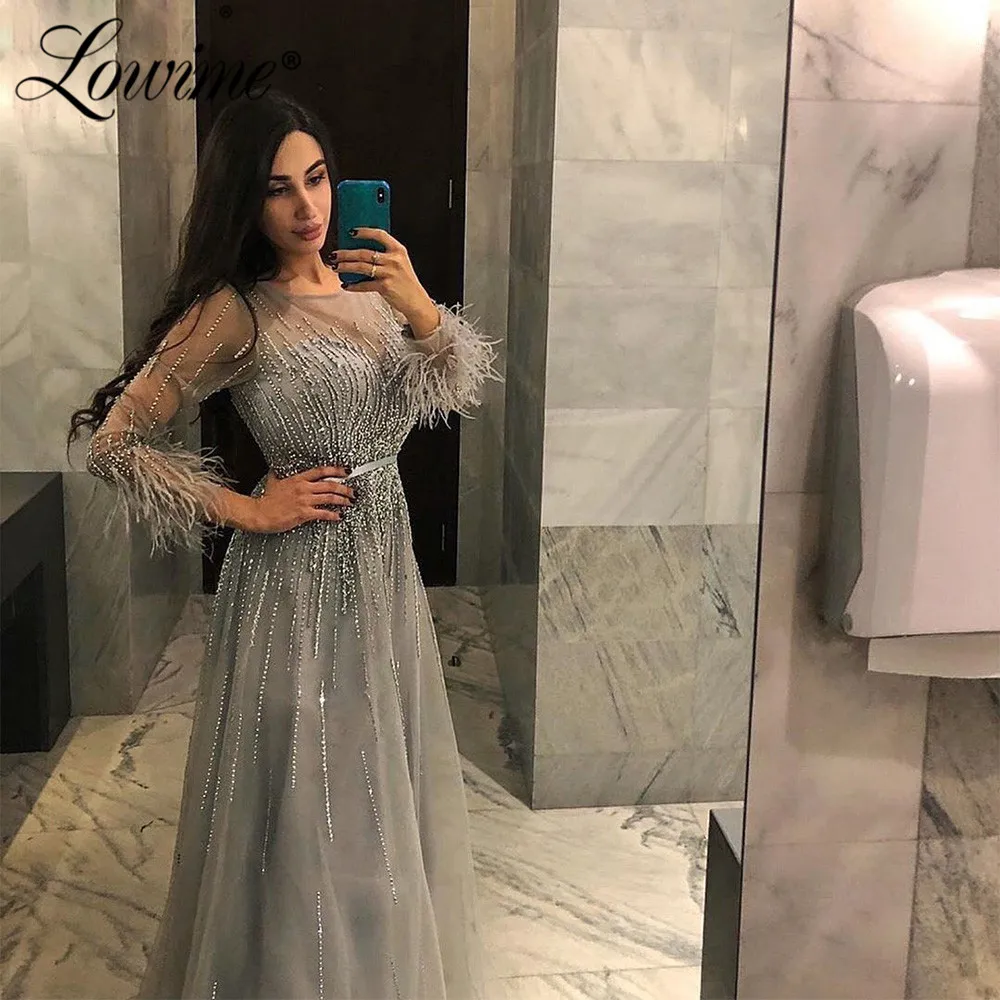 

Feathers Beading Evening Dresses Formal Gowns Abiye 2020 Full Sleeves Dubai Arabic Middle East Abendkleider Prom Party Dresses