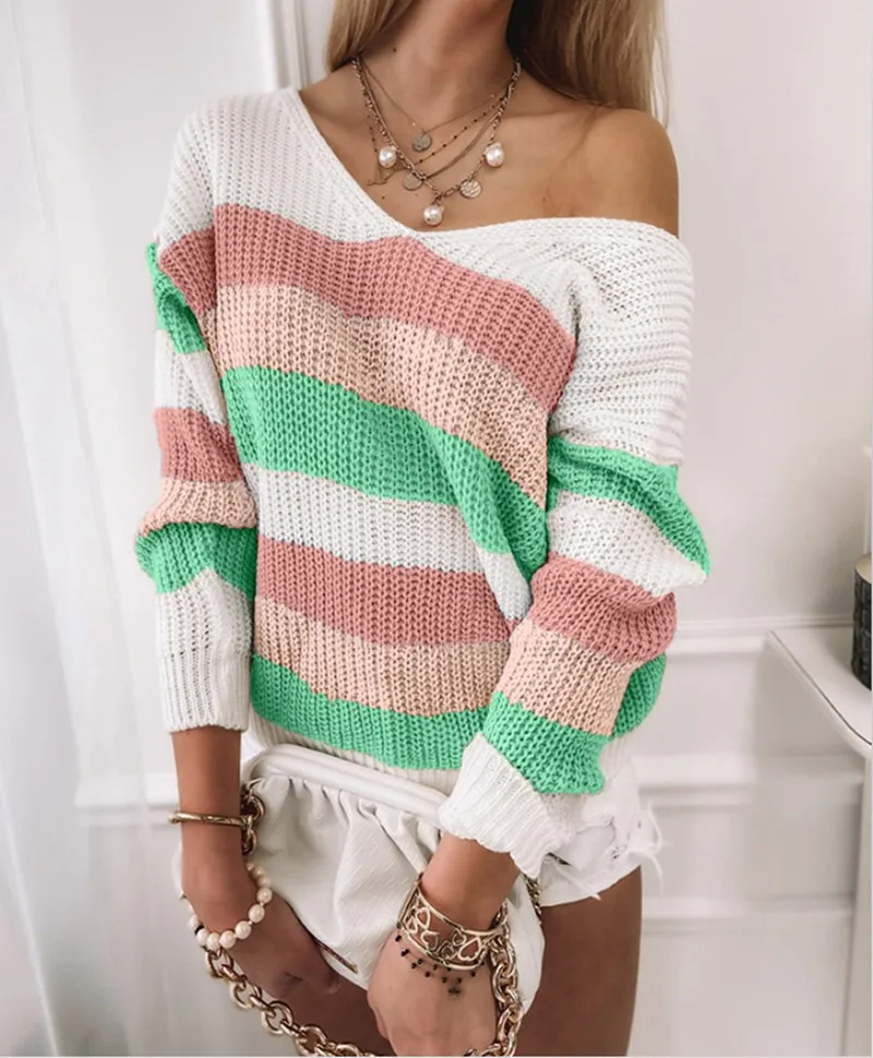 

Women Striped Patchwork Vintage Jumper Knitwear Sweater 2021 Autumn Winter Casual Loose Back V Neck Knitted Top Sweater Pullover