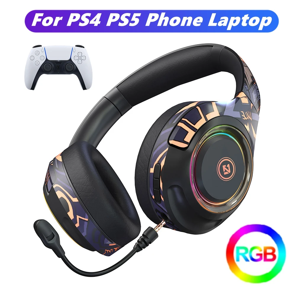 RGB HIFI Stereo Bass Wireless Headphones With Microphone For PS4 Playstation 5, LED Cell phone PC Bluetooth 5.0 Gamer Headsets