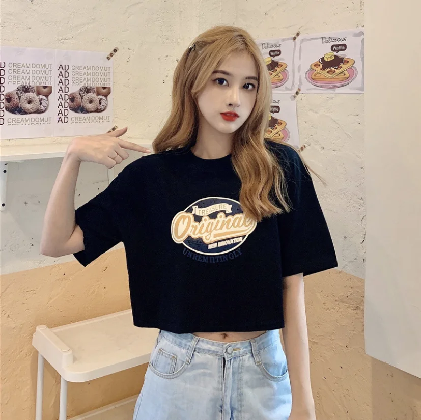 

Korean version of women's 2021 summer new short-sleeved t-shirt women's short high-waist crop top fashion trendy women's black
