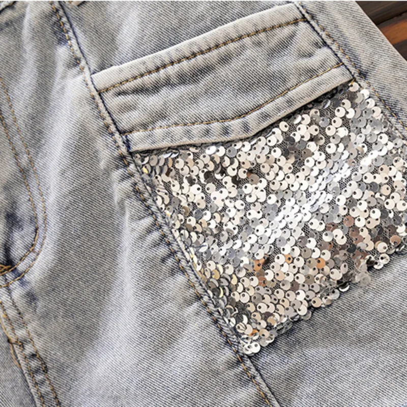 

Plus Size Women Streetwear Two Pieces Set Summer Short Sleeve Off Shoulder Striped Patchwork Top And Sequined Denim Shorts Sets