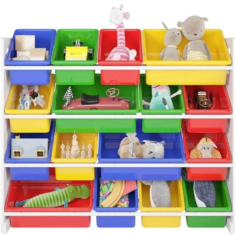 

Wooden Kids' Toy Storage Organizer with 16 Plastic Bins,X-Large, Green / Blue / Red / Yellow