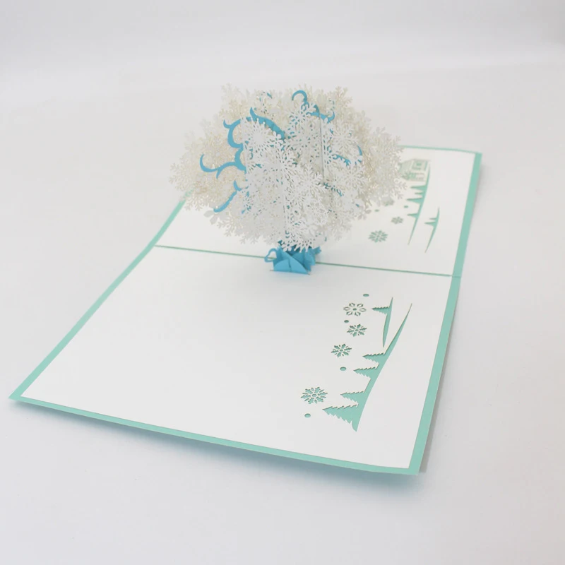 3D Handmade Merry Christmas Sky Blue White Snowflake Tree Paper Greeting Cards PostCard New Year Kids Friend Bussiness Gift | Дом и сад