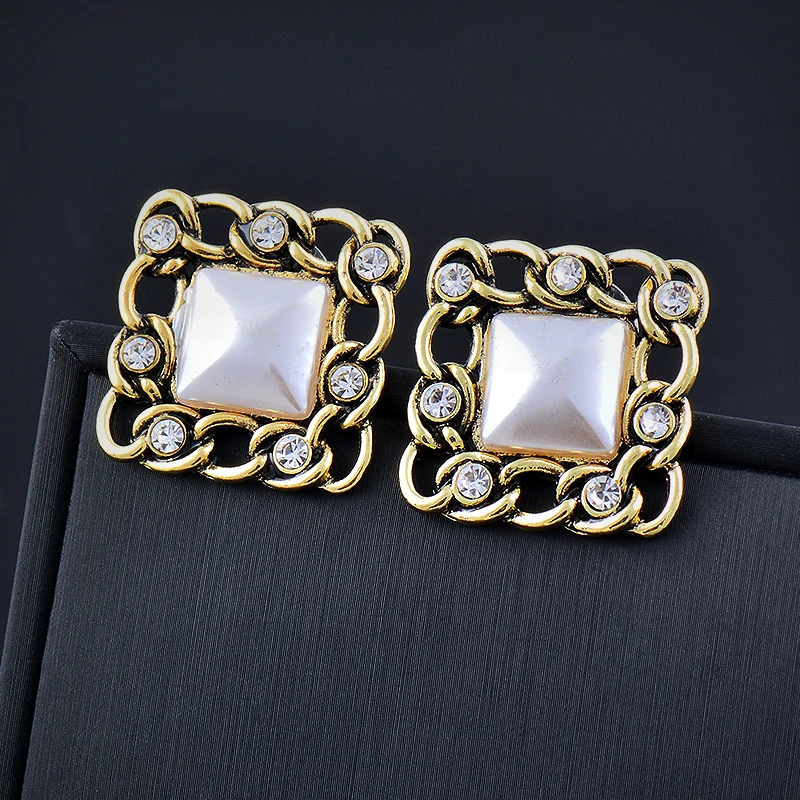 

SINLEERY Vintage Round Square Stud Earrings For Women Red Champagne Pearl Antique Gold Color jewelry accessories ES346 SSP