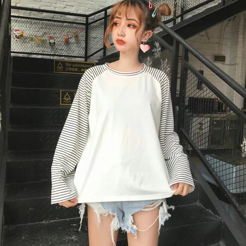 Harajuku Женская Футболка полосатая Повседневная футболка с длинным рукавом Свободная Женская весенне-осенняя джемпер