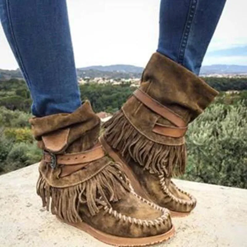 

new Winter Flat Sleeve Large Size Tassel Riding Boots Ethnic Style Cotton Boots Women's Leather Boots Female Martin Boot