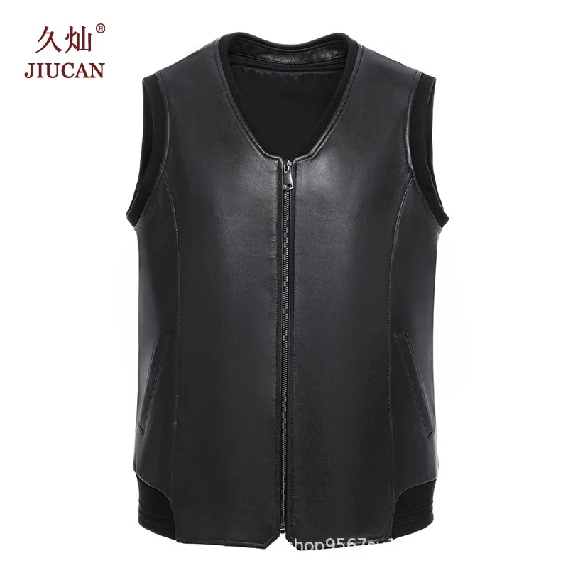 

2021 Men's Leather Zipper Vest Sheepskin Warm Casual Vest