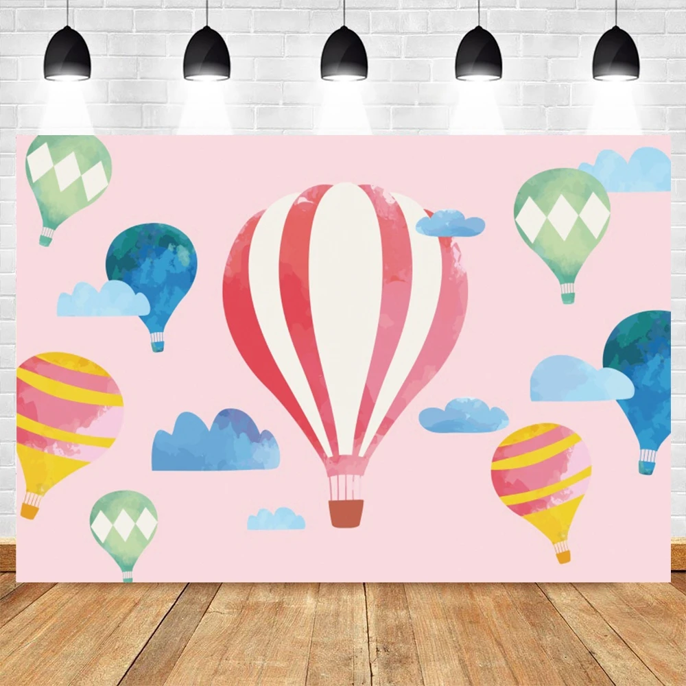 

Newborn Baby Shower 1st Birthday Party Pink Sky Cloud Hot Air Balloon Backdrop Custom Vinyl Photography Background Photophone