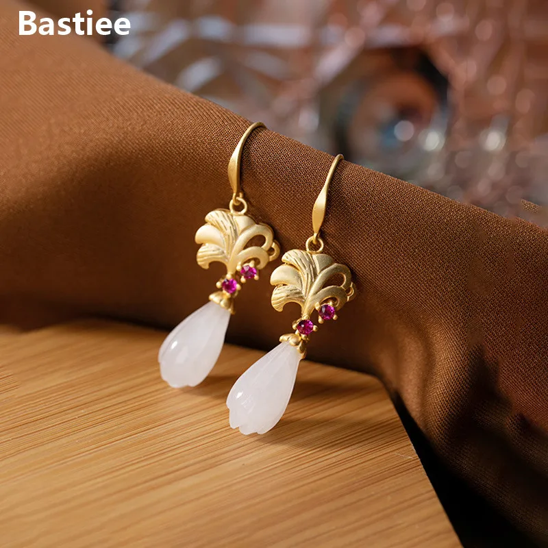 

Bastiee Jade Drop Earrings For Women Dangle Earings Silver 925 Jewelry Zircon Gold Plating Magnolia Flower Office Lady