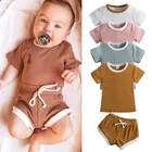 Летняя одежда для малышей, одежда для маленьких девочек и мальчиков, топы с коротким рукавом + шорты, брюки, однотонные костюмы в рубчик