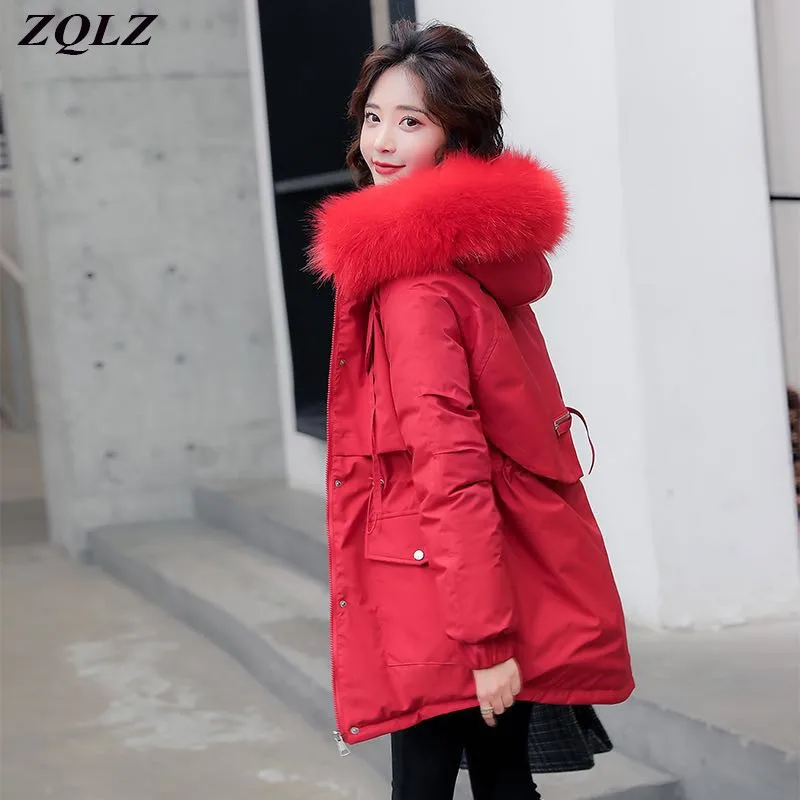 ZQLZ Oversized Hooded Fur Down Cotton Coat Female Warm Long Parka Mujer 2022 Casual Loose Black Overcoat Winter Jacket Women
