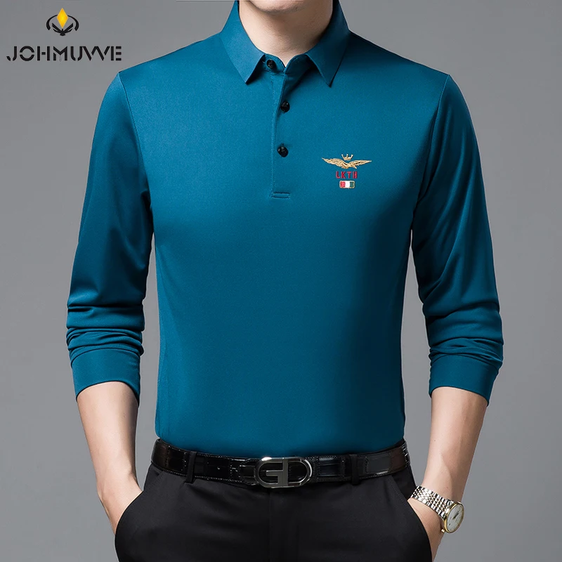 

JOHMUVVE New Men Long-sleeved POLO Long-sleeved T-shirt Casual Business Work Trend Wild Retro Embroidery Men's Four Seasons