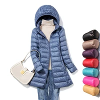 ladies long warm duck down coat with portable storage bag women ultra light down jacket womens overcoats hip length jackets