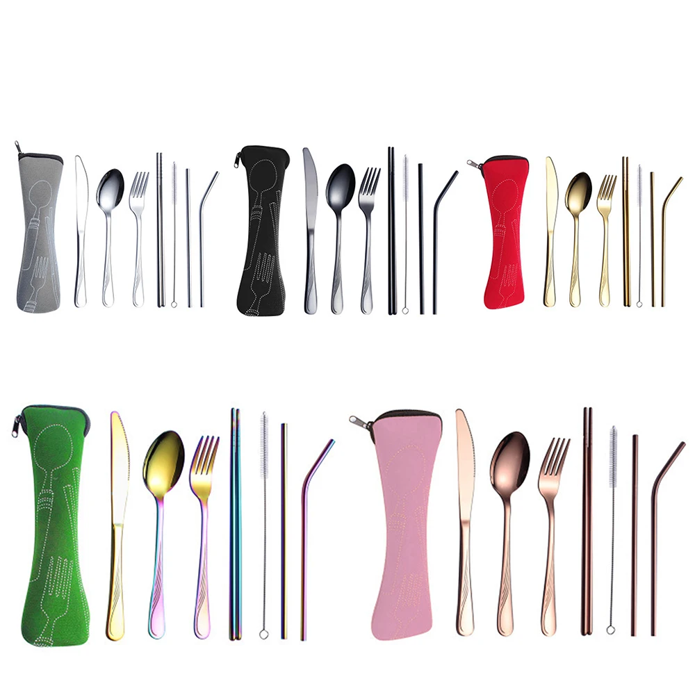 

Portable Travel 7 pcs Stainless Steel Cutlery Set Silverware Metal Straw Chopsticks Storage Case and Bag Spoon Set