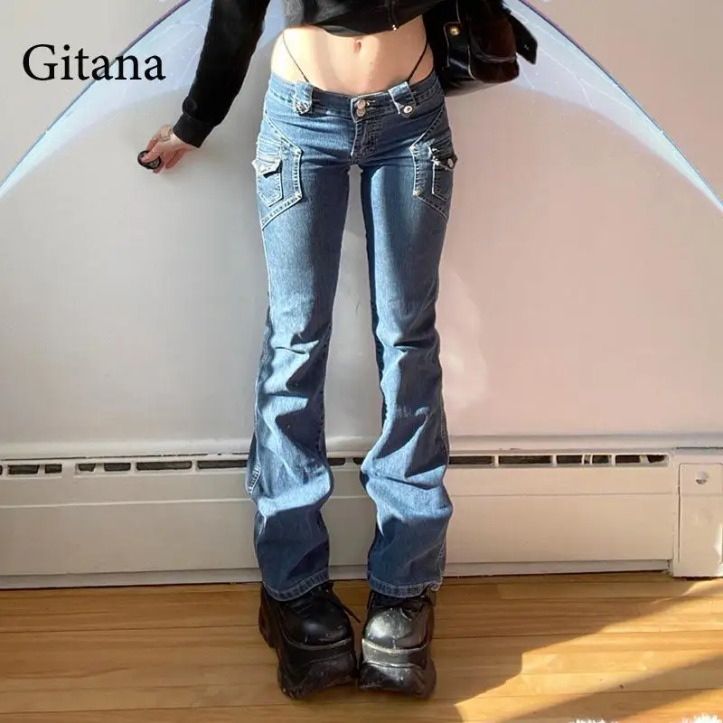 

Gitana 2021 Autumn Women's Jeans Y2K Flare Pants Streetwear Slim Low Waist Jeans Button Denim Trousers Vintage Clothes